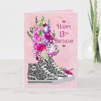Birthday 13th, Girls, Fancy Sneakers black/White Card