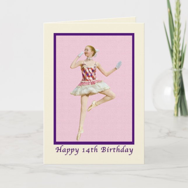 Birthday, 14th, Ballerina in Pink and White Card (Front)