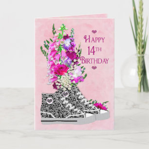 Birthday 14th, Girls, Fancy Sneakers black/White Card