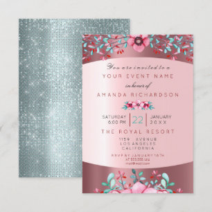 Birthday 16th Bridal Floral Pink Aqua Rose Sparkly Invitation