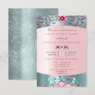 Birthday 16th Bridal Floral Pink Blue Water Aqua Invitation