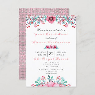 Birthday 16th Bridal Floral Pink Bohemian Sparkly Invitation