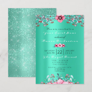 Birthday 16th Bridal Floral Pink Mint Rose Glitter Invitation