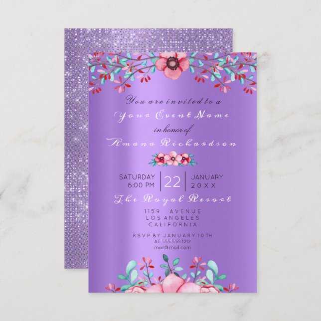 Birthday 16th Bridal Floral Pink Purple Sparkly Invitation (Front/Back)