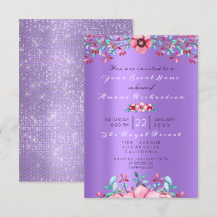 Birthday 16th Bridal Floral Pink Purple Sparkly Invitation