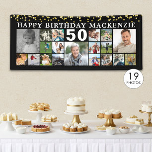 Birthday 19 Photo Collage Black Gold Confetti Banner