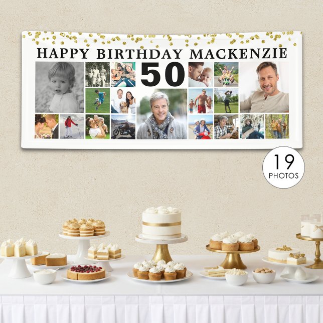 Birthday 19 Photo Collage Gold Confetti Custom Banner (Creator Uploaded)