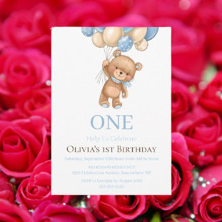 Birthday 1st Teddy Bear Balloon Boy Invitation 