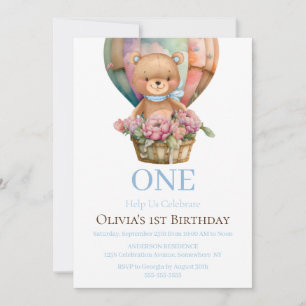 Birthday 1st Teddy Bear Balloon Invitation