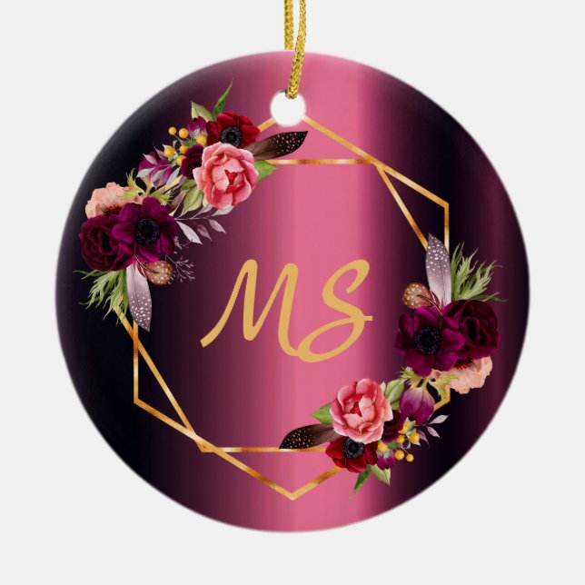 Birthday 21 burgundy floral monogram from friends ceramic ornament (Front)