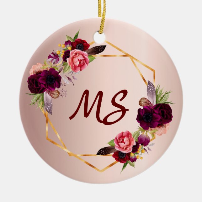 Birthday 21 rose gold floral monogram from friends ceramic ornament (Front)