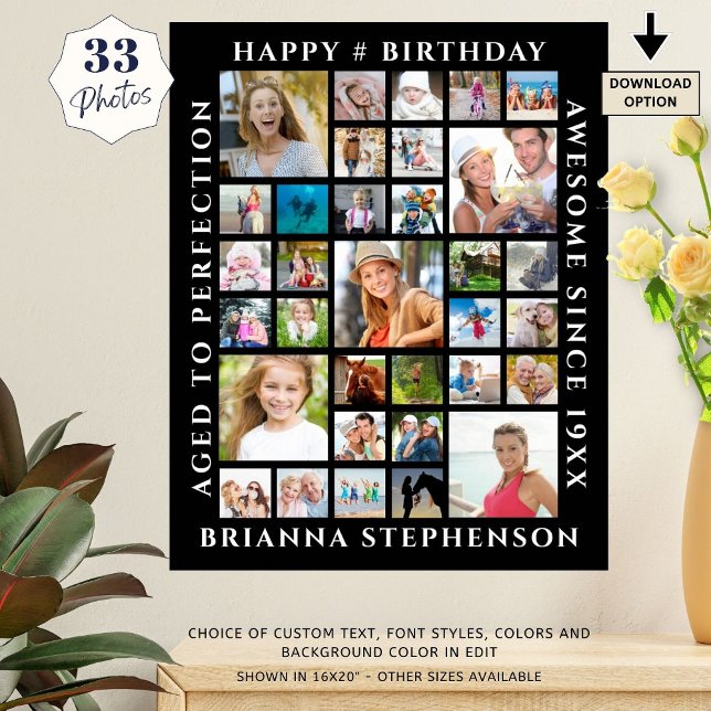 Birthday 33 Photo Collage Custom Personalised Post Poster (Creator Uploaded)