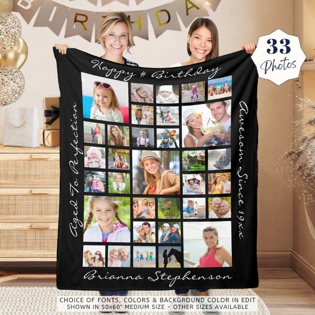 Birthday 33 Photo Collage Personalised Custom Fleece Blanket (Creator Uploaded)