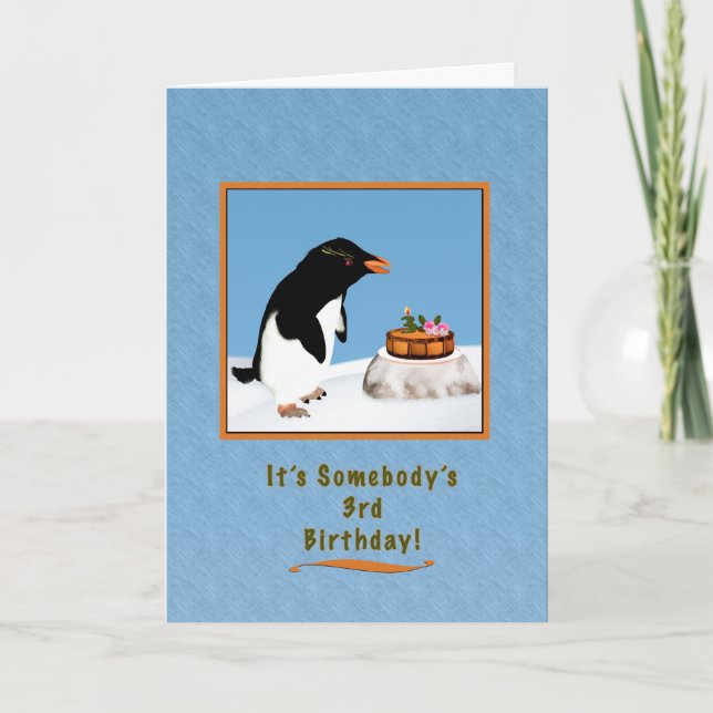 Birthday, 3rd, Penquin and Cake Card (Front)