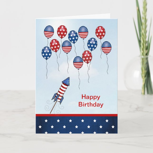 Birthday 4th of July. Stars, stripes, balloons Card (Front)