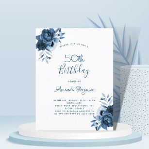 Birthday 50 blue florals white script postcard