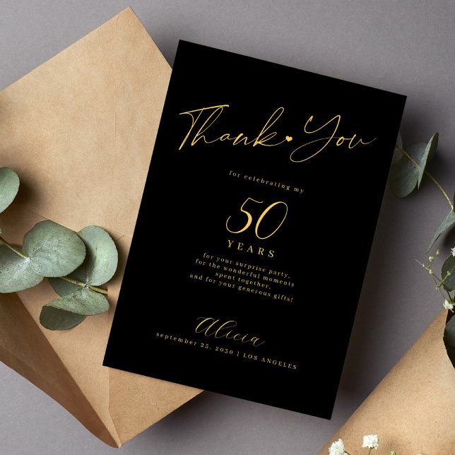 Birthday 50 milestone age gold black elegant  thank you card (Creator Uploaded)