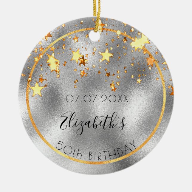 Birthday 50 silver gold shiny stars name ceramic ornament (Front)