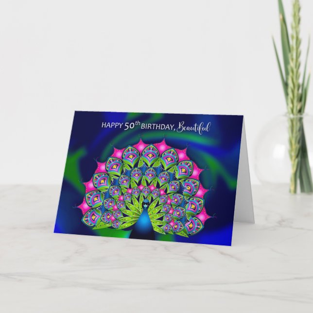 Birthday 50th Beautiful Colourful Peacock Card (Front)
