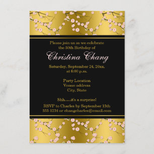Birthday   50th   Gold, Black   Cherry Blossoms Invitation