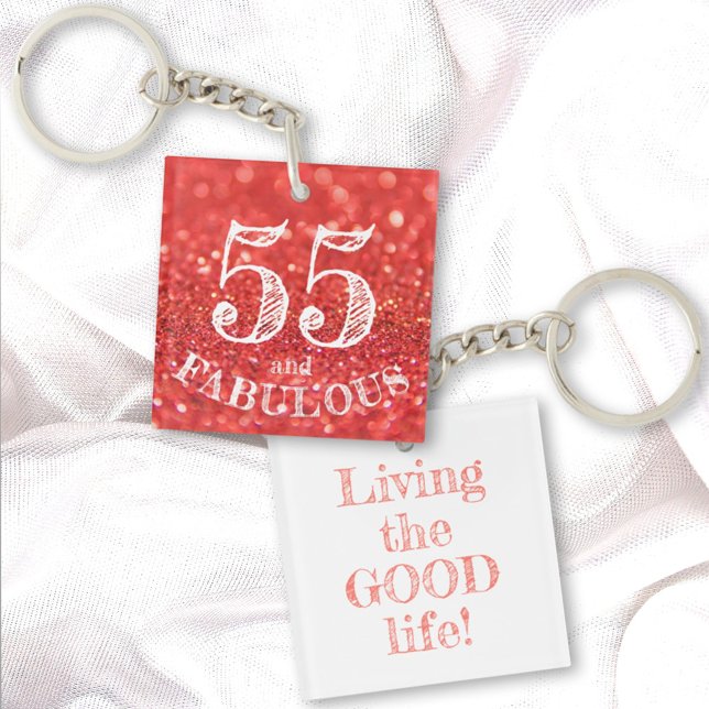 Birthday 55 and Fabulous Coral Glitter Sparkle Key Ring (Creator Uploaded)