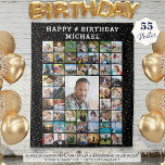 Birthday 55 Photo Collage Confetti Custom Colour Tapestry<br><div class="desc">Celebrate any age birthday with a photo collage display printed on a tapestry backdrop utilising this easy-to-upload template with 55 square pictures of him or her through the years and entertain party guests. The design features gold confetti, your custom text (the sample suggests HAPPY # BIRTHDAY NAME) in your choice...</div>