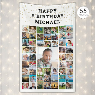 Birthday 55 Photo Collage Gold Confetti Banner