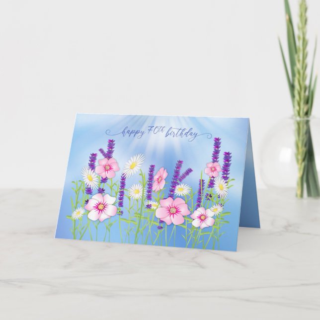 Birthday 70th Soft Delicate Flower Garden Blue Card (Front)
