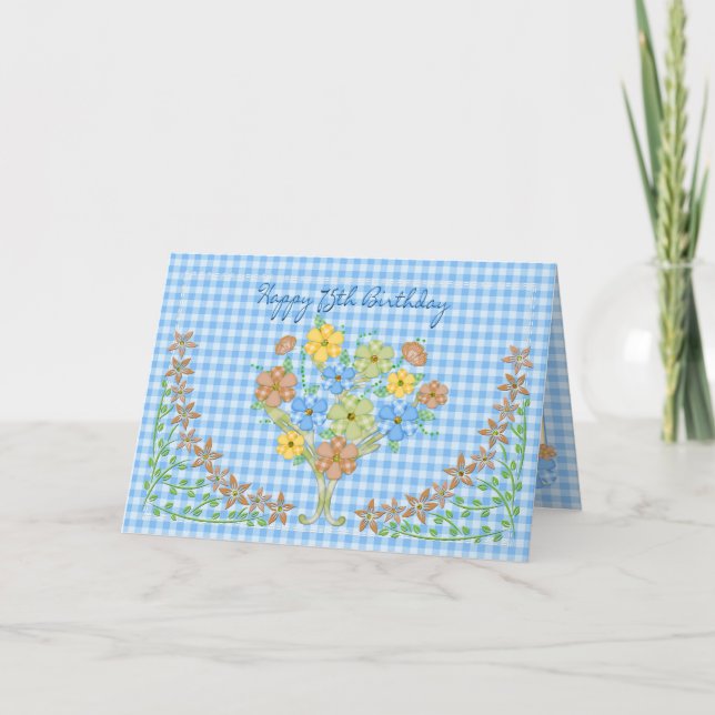 BIRTHDAY -75TH- BLUE GINGHAM/FLOWERS CARD (Front)