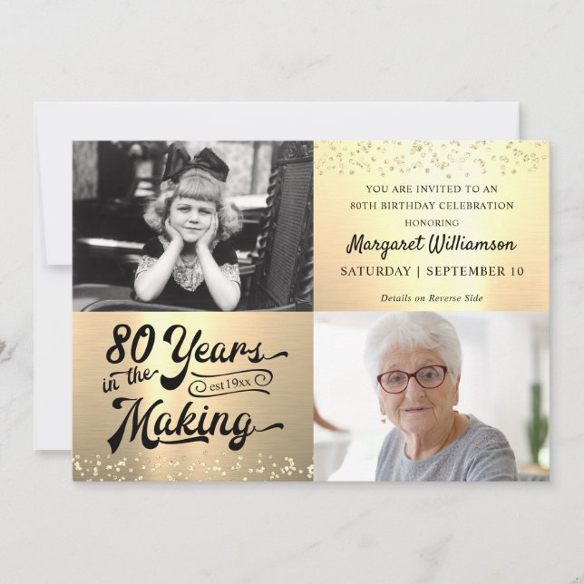 Birthday 80 Years in the Making 2 Photos Gold Invitation (Front)
