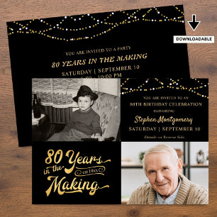 Birthday 80 Years in the Making Black Gold 2 Photo Invitation