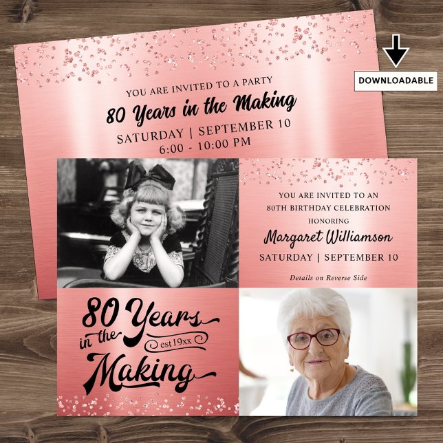 Birthday 80 Years in the Making Rose Gold 2 Photos Invitation (Creator Uploaded)