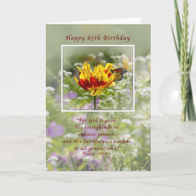 Birthday, 85th, Tulip and Butterfly, Religious Card (Front)