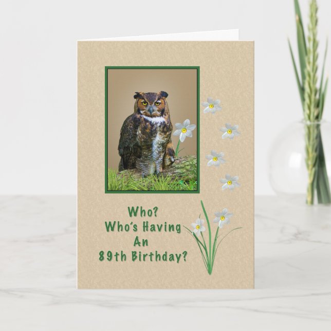 Birthday, 89th, Great Horned Owl and Flowers Card (Front)