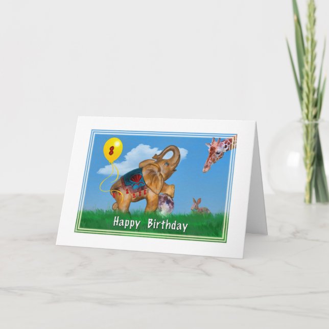 Birthday, 8th, Elephant, Giraffe, Rabbit, Balloon Card (Front)