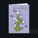 Birthday, 90th, Butterflies and Bell Flowers Card<br><div class="desc">Customise this 90th birthday greeting card by using the provided text templates on the cover and inside to change or delete the wording. Four colourful butterflies in hues of blue, purple, and pink, hover around a bouquet of purple and white bell shaped flowers. The background is a mingled medium blue....</div>