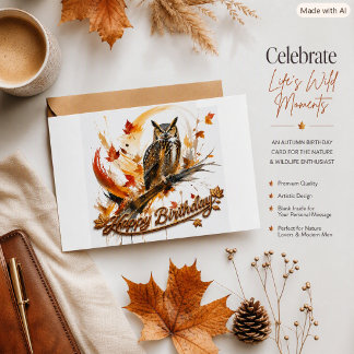 Birthday Abstract Autumn Owl Fall Leaves Modern Card