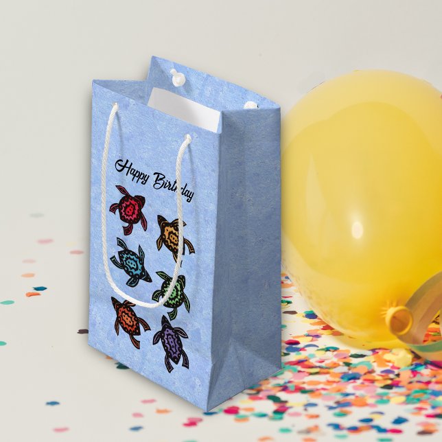Birthday Abstract Black Turtles Coloured shells Small Gift Bag (Group of six abstract black turtles with different coloured shells on blue birthday gift bag.)