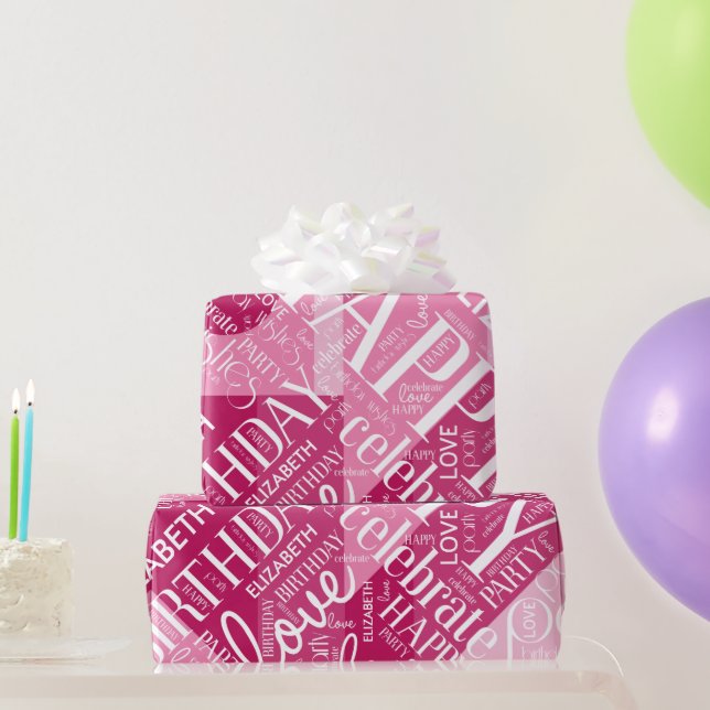Birthday Add Long Name Colour Block Pink ID274 Wrapping Paper (Party Gifts)