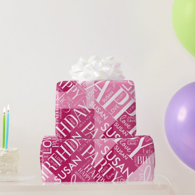 Birthday Add Medium Length Name Pink ID274 Wrapping Paper (Party Gifts)
