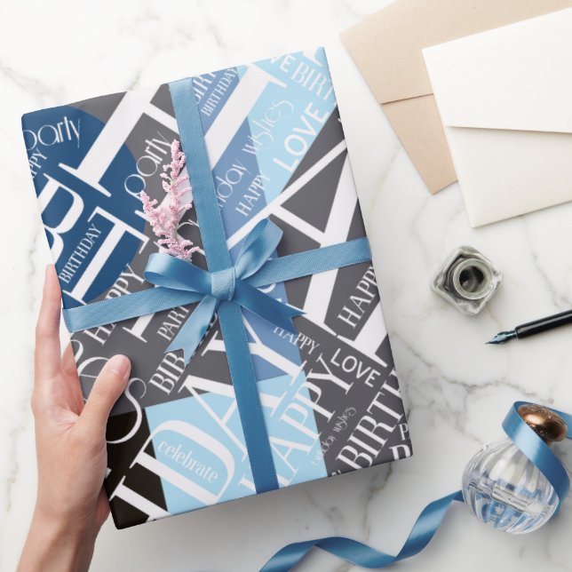Birthday Add Short Name Colour Block Blue ID274 Wrapping Paper (Gifting)