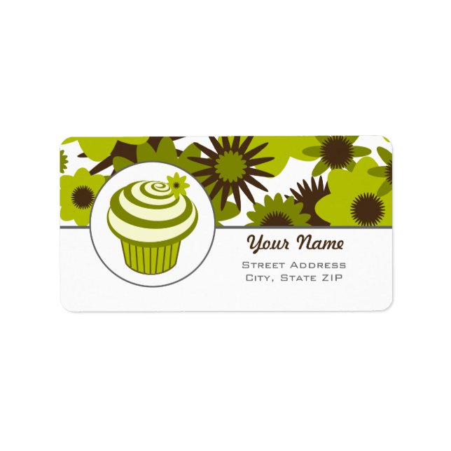 Birthday Address Label - Green Cupcake And Flowers (Front)