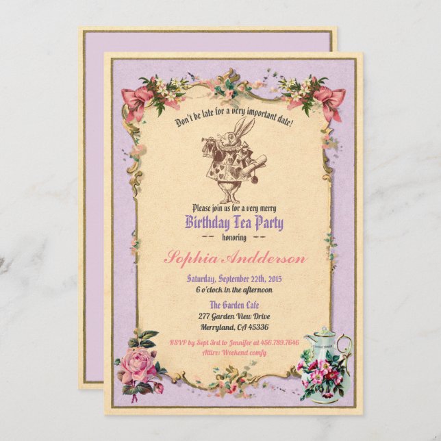 Birthday afternoon tea party invitation purple (Front/Back)