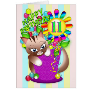 Birthday - Age 11 - Kitty Cat Celebrating
