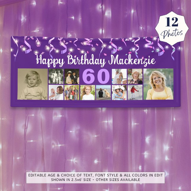 Birthday Age 12 Photo Purple Streamers Confetti Banner (Creator Uploaded)
