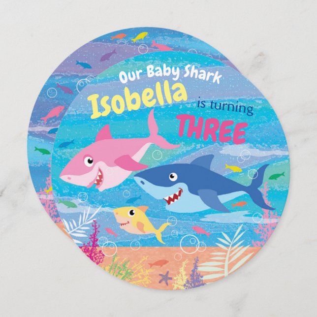 Birthday Age 3, Under the Sea, 3 Sharks, Party Invitation (Front/Back)