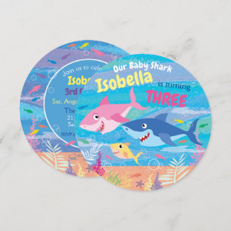 Birthday Age 3, Under the Sea, 3 Sharks, Party Invitation