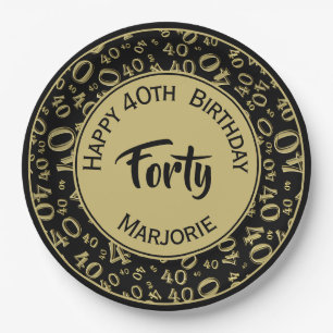 Birthday Age 40 Random Number Pattern Black/Gold Paper Plate