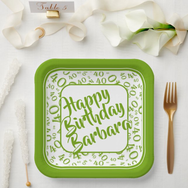 Birthday Age 40 Random Number Pattern Green/White Paper Plate (Wedding)