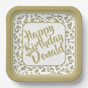 Birthday Age 45 Random Number Pattern Gold/White Paper Plate